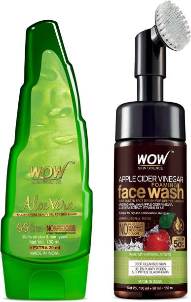 WOW SKIN SCIENCE Apple Cider Vinegar Foaming Face Wash with Built-in Brush + 99% Pure Aloe Vera Multipurpose Gel - No Parabens, Silicones, Synthetic Fragrance - Net Vol. 300mL
