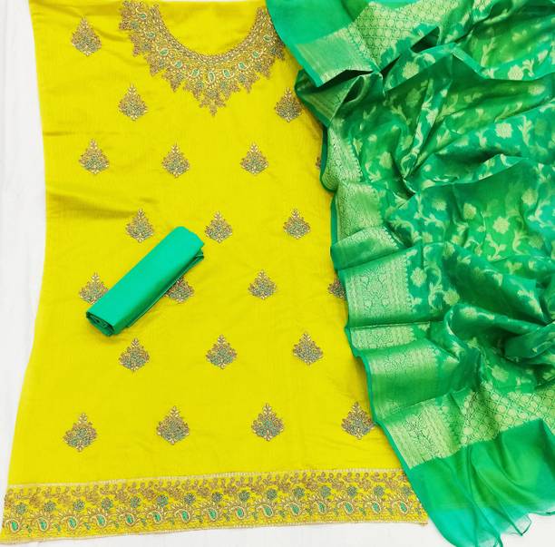Semi Stitched Chanderi Salwar Suit Material Embroidered