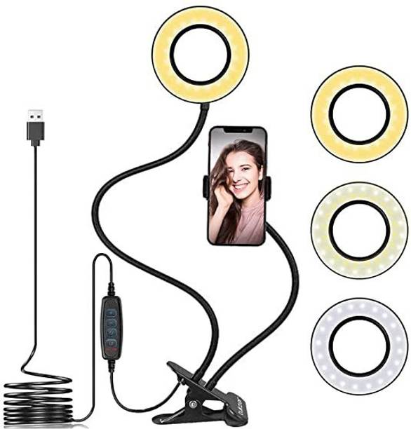 ENMORA 38 _LT_LAZY RING LIGHT_WITH MOBILE HOLDER_3.5" LED Selfie Ring Light with Phone Holder |Flexible Arm Desk Mount Clamp for Live Stream, Makeup, Online Meetings, Recording, Photography, USB Reading Light | 3 Color 10 Brightness Level Ring Flash