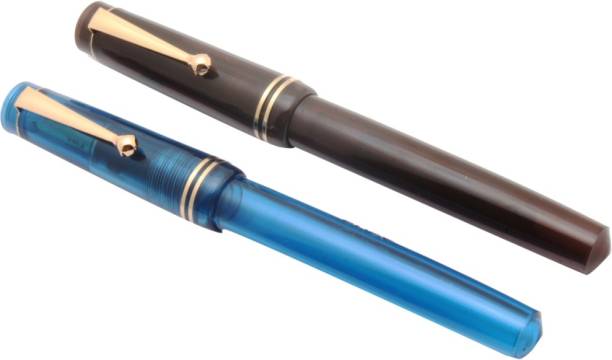 Ledos Click Aristocrat Full Demonstrator Amber &amp; Blue Fountain Pens 3in1 Ink Filling System Broad Nib Golden Trims Pen Gift Set