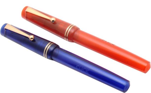Ledos Click Aristocrat Full Demonstrator Orange &amp; Blue Fountain Pens 3in1 Ink Filling System Flex Nib Golden Trims Pen Gift Set