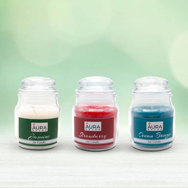 AuraDecor Set of 3 Cookie Highly Fragrance Jar Candle ( Jasmine, Ocean Breeze & Strawberry) Burning Time 30 to 35 hours Approx. Each Candle