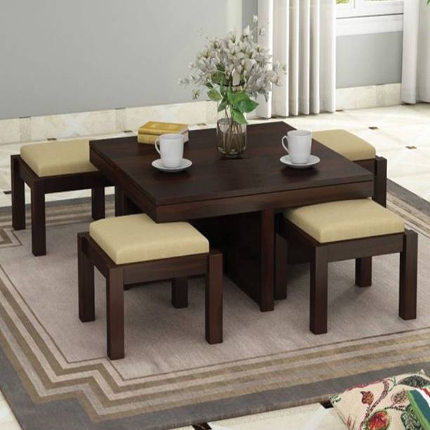 DRYLC FURNITURE Premium Quality Sheesham Wood Coffee Table With Four Stool For Living Room Finish Color :- Walnut Solid Wood Coffee Table