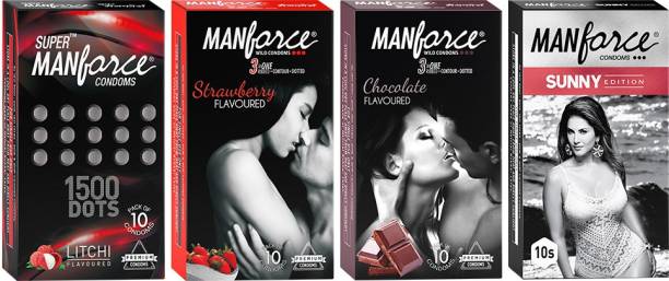 MANFORCE Mankind Condoms Combo Pack (Strawberry, Chocolate, Litchi, Sunny Flavoured)- 10 Pieces (Pack of 4) Condom