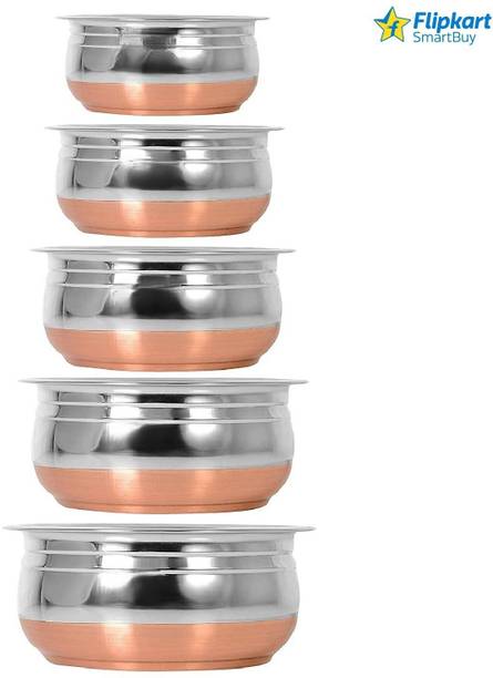 Flipkart SmartBuy Stainless Steel bowl set for 5 pcs serving Handi/tableware/storage containers/bakeware/ dinner set/ kitchen set steel item for home appliances and kitchen serving cooking combo set storage container copper handi /URLI set fruit and salad bowl Cookware set 5 pcs Stainless Steel Serving Bowl Perfect Copper Handi Set for Everyday Use Whether you want to cook a delicious serving of your favourite sabzi or heat leftover curries from the previous day, the 5-piece copper handi set, Prabhu Chetty, Curved Copper Plate at Induction And gas Stove Suitable Bottom , Best Quality Stainless Steel Copper Induction And gas Stove Suitable Bottom 5 Pic Handi Pot Set, Brown & Steel, 5 Pic Handi Copper Vegetable Bowl ,Cooking Dinner Table Serving Biryani Pot Handi Kadhai , Panikarilikka Steel Handi 5 Pices Sets Handi 0.65 L, 0.85 L, 1.23 L, 1.83 L, 2.45 L ( Without Lid) Stainless Steel Disposable Serving Bowl इंडक्शन बॉटम कुकवेयर सेट