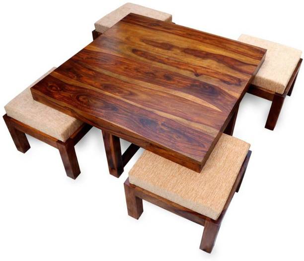HDWOOD Solid Sheesham Wood Coffee Table With Four Stools For Living Room/ Office/ Café. Solid Wood Coffee Table