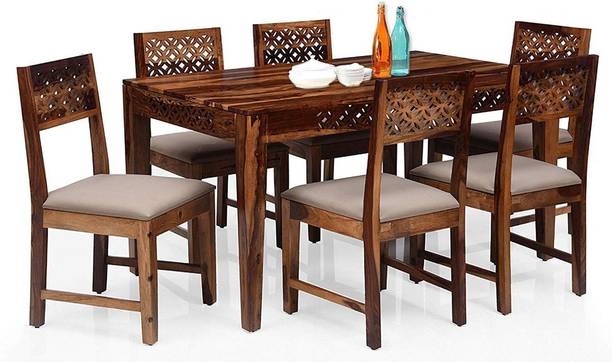DRYLC FURNITURE Solid Wood Sheesham Wood 6 Seater Dining Table With 6 Chairs For Dining Room Solid Wood 6 Seater Dining Set