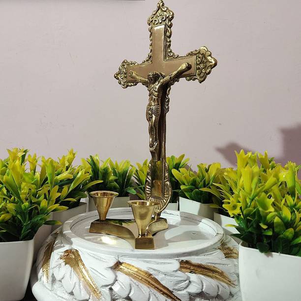amishi blissful decor Traditional Christian Jesus Christ Brass Statue On Cross for Worship, Home-Office Decor (Small) Decorative Showpiece  -  17 cm