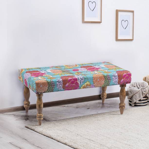 Ikiriya Bestone Solid Wood Bench in Floral Print Green Kantha upholstery for Living Room| Bedroom| Dining Bench| 36x18x16 Inch Solid Wood 2 Seater