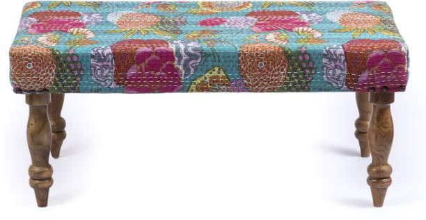 Ikiriya Bestone Solid Wood Bench in Floral Print Green Kantha upholstery for Living Room| Bedroom| Dining Bench| 36x18x16 Inch Solid Wood 2 Seater