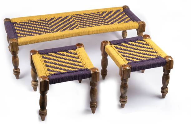Ikiriya Rosewood Maachi Bench Set with 2 Stools in Vivid Purple & Yellow Canning Solid Wood 4 Seater