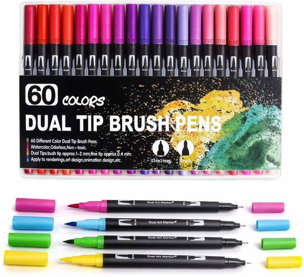 Levin Dual Tip Brush Pens Marker set of 60,Fine and Brush Tip Colored Pens for Coloring,Art,Sketching,Bullet Journal,Coloring Book,Drawing