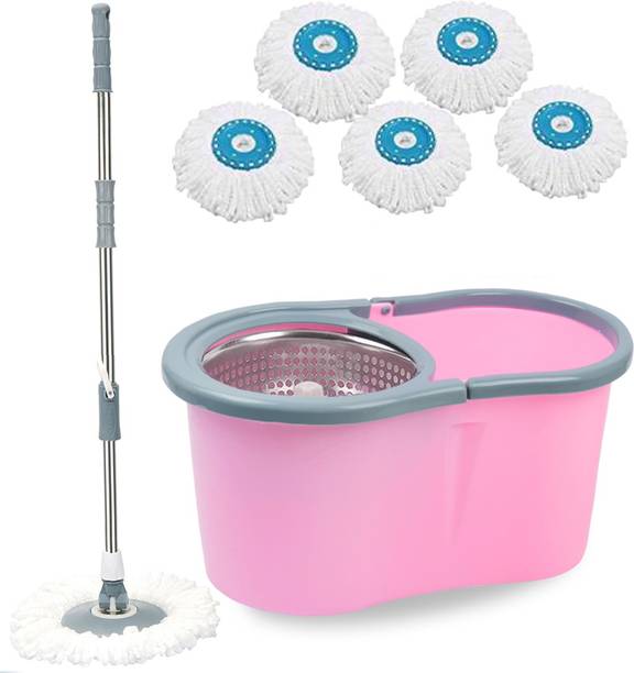 V-MOP Premium Pink Steel Classic Magic Spin Dry Bucket Mop - 360 Degree Self Spin Wringing With 5 Super Absorbers Mop Set, Mop, Cleaning Wipe, Bucket, Dustbin, Mop Wet & Dry Mop