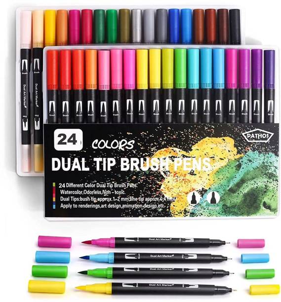 Levin 24 Colors Dual Tip Brush Pens Fineliners Art Markers, Watercolor Marker and Highlighters for Adult Coloring Books Drawing Sketching Bullet Journal Calligraphy
