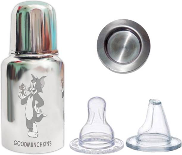 Goodmunchkins GOOD MUNCHKINS New 2 in 1 Stainless Steel Bottle Feeding / Sipper With Travel Cap (Lid) Pack of 1 -150ml Bottle+2 Anti Colic Silicon Nipple/Sipper Training Spout + Travel Cap - 150 ml