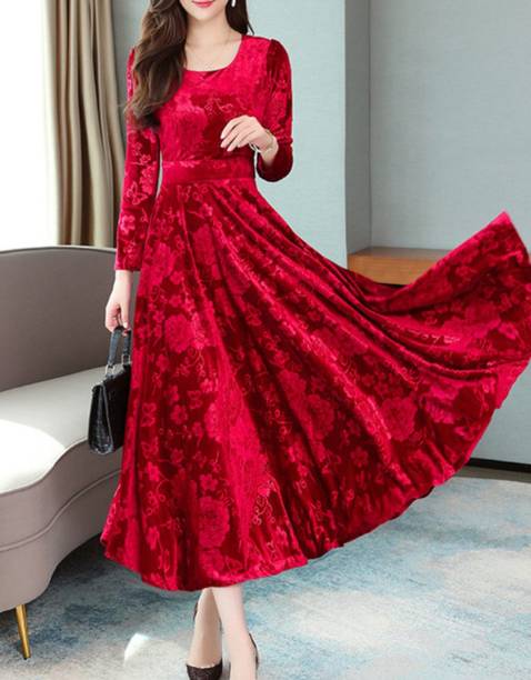 Women A-line Red Midi/Calf Length Dress