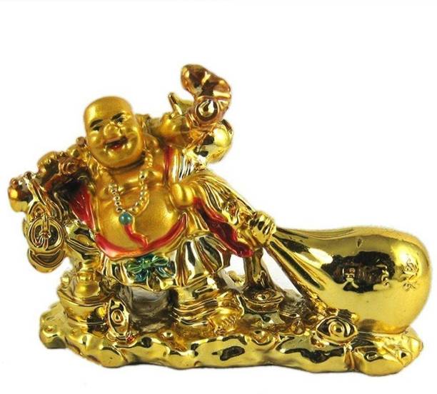 Ryme Feng Shui Gold Laughing buddha drag money potli for wealth & Happiness | Spiritual Decor Decorative Showpiece - 12 cm