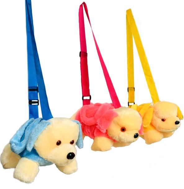 Cult Factory Sling Bag Soft Toy Animals Three Piece Combo Pack For baby girls, boys, kids Handbags and Purses Stylish Trendy for women Blue, Pink, Yellow Elegant Colors with Cross Body Adjustable Straps Kids Picnic Play Buddy Furry Cute Doggy Plush Bag