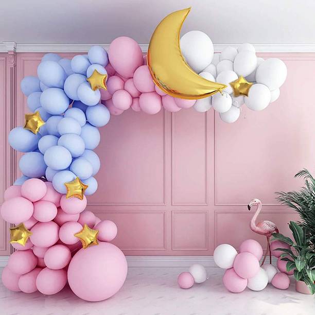 SOI Solid Pastel Blue Pink White Latex Balloons Arc with Golden Moon & Star foil Balloons Garland DIY kit for Baby shower , Birthday , House Warming Party Decoration Balloon