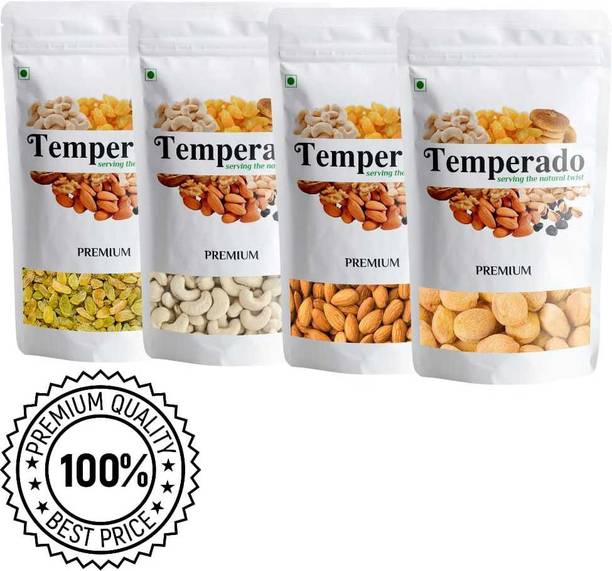 टेम्पराडो ड्राई फ्रूट्स कॉम्बो पैक - (200g * 4) 800g (एप्रीकॉट्स, काजू, बादाम, किशमिश) - सभी प्रीमियम काजू, रेजिंस, एप्रीकॉट्स, बादाम (4 x 200 g) खुबानी, काजू, किशमिश, बादाम थैली