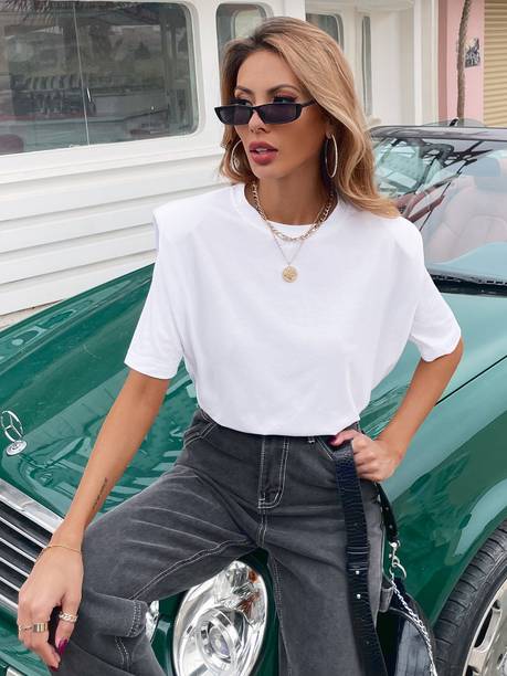 Urbanic Solid Women Round Neck White T-Shirt