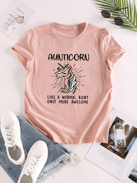 Urbanic Printed Women Round Neck Pink T-Shirt