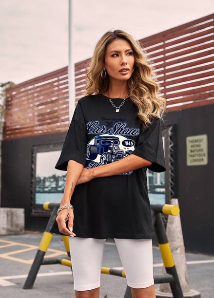 Urbanic Printed Women Round Neck Black T-Shirt