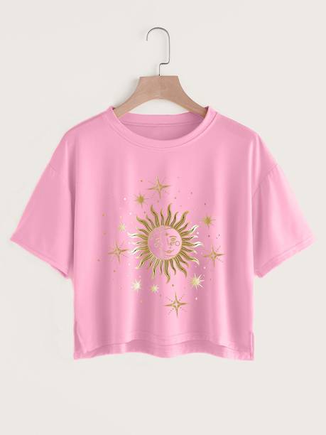 Urbanic Printed Women Round Neck Pink T-Shirt