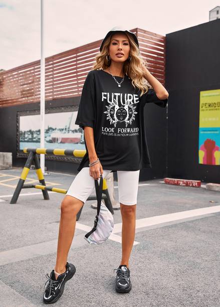 Urbanic Printed Women Round Neck Black T-Shirt