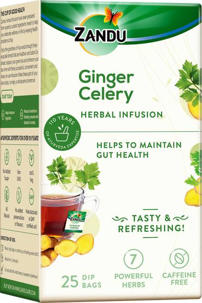 झंडू जिंजर सैलेरी आयुर्वेदिक इंफ्यूजन- हर्बल टी गट हेल्थ, गुड डाइजेशन- 25 टी बैग्स अदरक हर्बल इंफ्यूज़न टी बैग डिब्बा