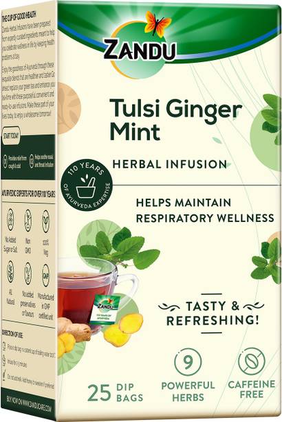 झंडू तुलसी जिंजर मिंट आयुर्वेदिक इंफ्यूजन- हर्बल टी रेस्पिरेटरी वेलनेस, खांसी और सर्दी से रिलीफ के लिए - 25 टी बैग्स तुलसी हर्बल इंफ्यूज़न टी बैग डिब्बा