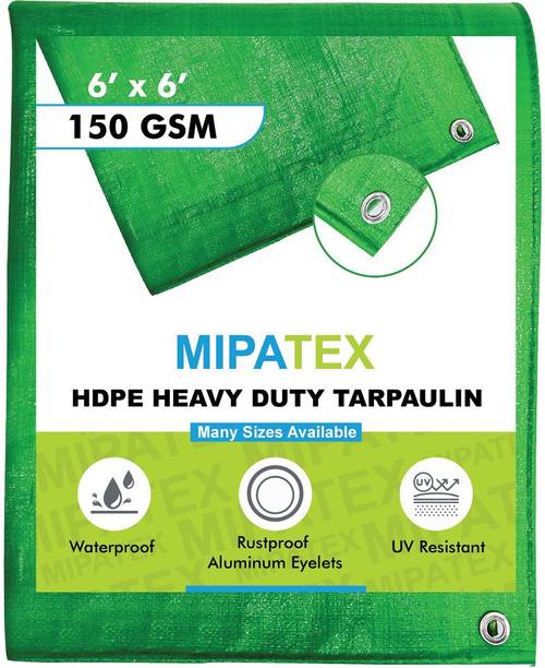Mipatex Tarpaulin Sheet Waterproof Tirpal Heavy Duty 6ft x 6ft, Tent - For Poly Tadpatri with Aluminium Eyelets Every 3 feet - Multipurpose 150 GSM Plastic Cover Tharpai for Truck, Home Roof, Rain (Green/White)