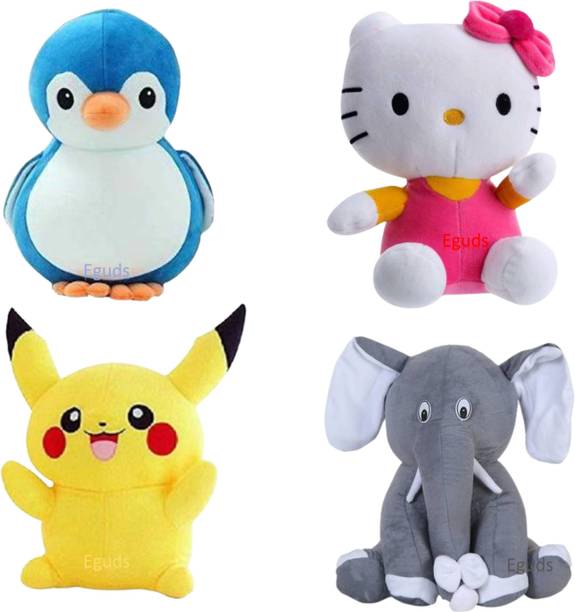 Eguds Very adorable pack of 4 super cute soft toys ( Pikachu, Penguin, Grey Sitting Elephant, Kitty) / super sof plushies for kids birthdays & anniversaries/ home decor items  - 25 cm