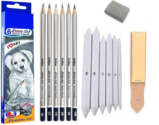 Definite Artline Set of 6 Love-Art Sketch Pencils + Blending/Smudging Stumps Set of 6 (Size 1 to 6) + Sand Paper Pencil/Stump Sharpener + One Kneadable Eraser for Graphite and Charcoal Pencils