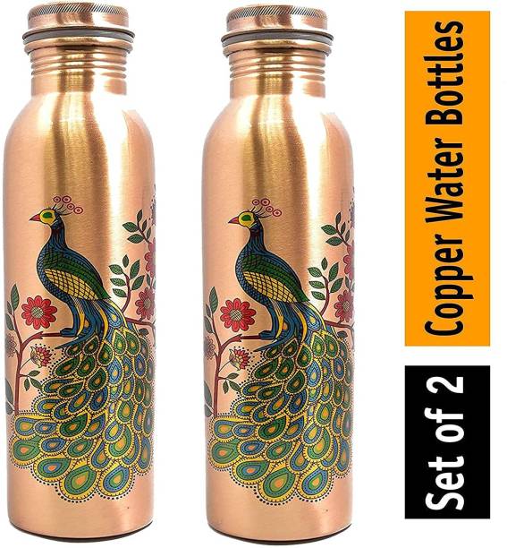 Sharma Cards Classic Ayurveda, Peacock Printed Copper Water Bottle Set of 2 1000 ml Water Bottles