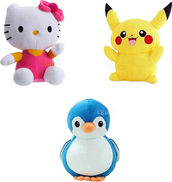 Eguds Classic supper cute 3 stuffed toys / pikachu, hello kitty, penguin/ attractive and pretty stuffed animals for kids and special occasions  - 25 cm