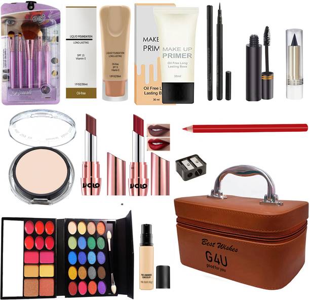 G4U All in One Makeup Kit Gift Set,High Quality Eyeshadow, Waterproof Black Eyeliner Pen,Foundation, 2 Lipsticks,Kajal,Lip Liner,5 Pcs. brush,Mascara, Concealer,Compact ,Primer,Sharpener Perfect for Party makeup Casual makeup Wedding makeup With Makeup Box (Set Of 18Pcs) ST 57