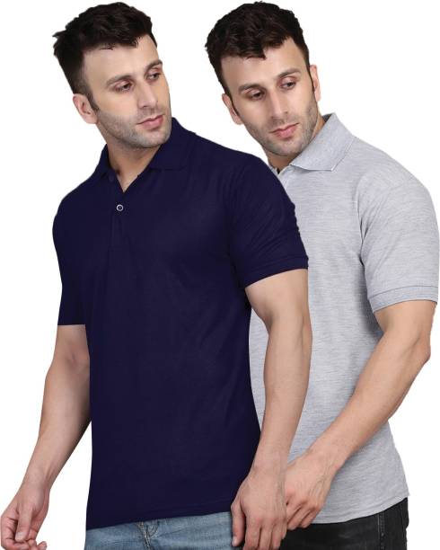 Pack of 2 Men Solid Polo Neck Cotton Blend Black, Grey T-Shirt Price in India