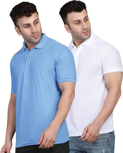 Pack of 2 Men Solid Polo Neck Cotton Blend White, Blue T-Shirt