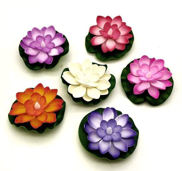 TOPHAVEN Water Floating LED Lotus Diya Set of 6 | Decorative Water Sensor Diya Home Decor Plastic Table Diya Set