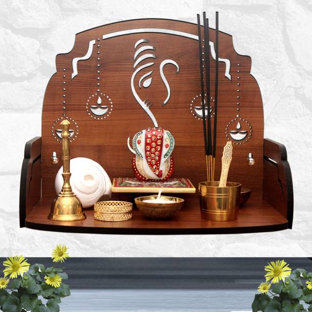 CSEL New Ganesha with Diyas Wooden Temple Wooden Beautiful Mandir, Pooja Room Home Decor Office,Home Temple Wall Hanging Product (Height-9.44 inch, Depth 8.85 inch, Width-12 inch) Wooden Wall Shelf