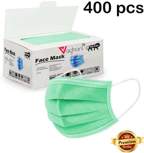 Vaghani 400 Units Disposable 3 Ply Surgical Face Mask With Thick Melt Blown (SMMS) Filter, Anti-Virus, Anti-Bacteria, Anti-Pollution Mask with Nose Clip Surgical Mask With Melt Blown Fabric Layer Surgical Mask With Melt Blown Fabric Layer (Green, Free Size, Pack of 400, 3 Ply) 3 Ply Surgical Mask (400 Pcs ) ( Green ) ( With Pin ) Surgical Mask