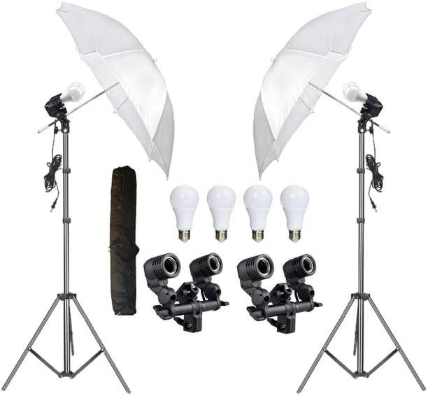 Hiffin E27 Double Studio Holder KIT Umbrella White 80 cm + Studio Light Stand + Umbrella and Double Bulb Holder KIT (E-27) led 18 W Bulb (Double Holder KIT Set of 2) Tripod Kit