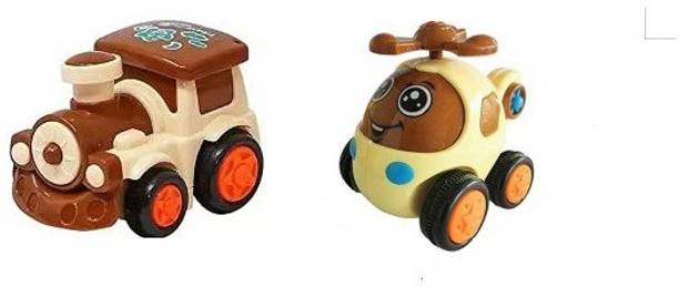 K A Enterprises Friction Toy Combo Pack of 2 Push and Go Toys. 1 Mini Train Engine + 1 Mini Helicopter ( Set of 2 Cute Toys) - Toys For Kids, Toddlers, Baby, Child, Girls 3, 4, 5,6 and 7 Year Old Boys (2 Piece)