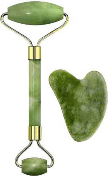 डोम्नीक्यास Massager 08 Facial Roller & Massager Natural Massage Jade Stone And Gua Sha Scraping Plate Set Double Side Beautiful Skin Detox - Facial Body Eyes Neck Massager Tool Reduce Wrinkles Aging - Original Massager (Green) Jade Roller & Gua Sha Double Sided Facial Massager Natural Stone Massage Beauty Tool for Face Neck Toning, Firming Serum Application (Green) मसाज़र