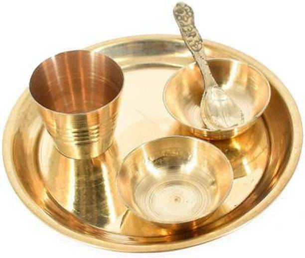 AANU Brass Laddu Gopal Bhog Thali Set with 2 Katori, 1 Glass, 1 Spoon for Temple, Home Decor Diwali Pooja Gift Brass