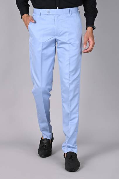 Men Regular Fit Light Blue Cotton Blend Trousers