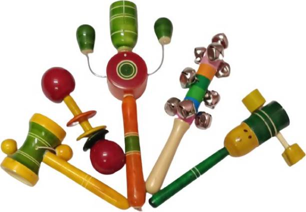 KAARPAAGAA INC wooden hand crafted rattle set for kids, babies, infants, non toxic finished instrument - pack of 5- Multi color Rattle
