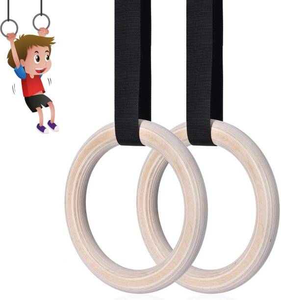 Shopoflux Kids Gymnastic Wooden Rings with Heavy Duty Adjustable Strap | Roman Rings for Kids | Kids Gym Play Set | Gymnastic Toys Pilates Ring