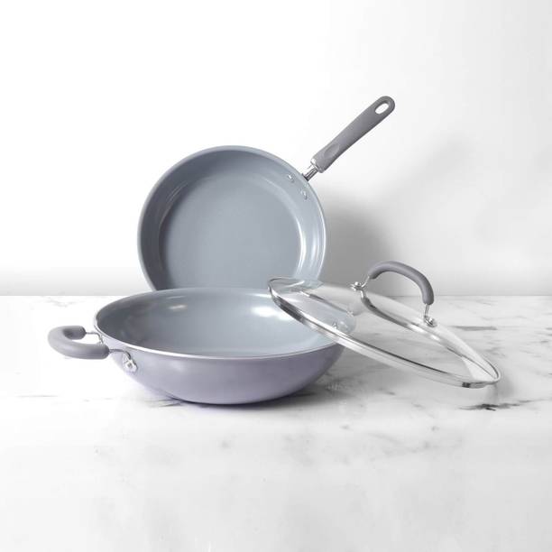 Meyer Anzen Ceramic Coated Cookware 3-Piece Set- 28cm Frypan + 30cm Wok/Kadai With Lid Induction Bottom Cookware Set